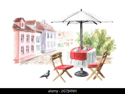 Sommer Street Cafe in der kleinen Stadt, Aquarell handgezeichnete Illustration, isoliert auf weißem Hintergrund Stockfoto