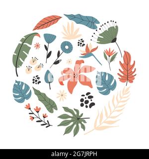 Exotische tropische Blumen und Blätter Set, rundes Stilkonzept. Mit handgezeichneten Illustrationen. Stock Vektor