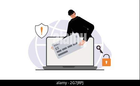 Hacker-Angriff. Betrug mit Nutzerdaten in sozialen Netzwerken. Diebstahl von Kredit- oder Debitkarten. Internet-Phishing, gehackter Benutzername und Passwort. Cyberkriminalität und Stock Vektor