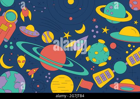 Modernes Muster von Planet, Stern, Komet, mit verschiedenen Raketen. Linienzeichnungen des Universums. Kosmos. Trendige Raumschilder, Konstellation, Mond. doodle-Stil Stock Vektor