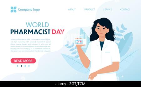 Weltpharmakologen-Tag-Banner mit Apothekerin. Vektordarstellung im flachen Stil für Landing Page, Website Stock Vektor