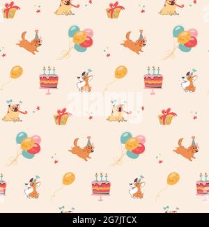 Vektor nahtlose Textur von festlichen Attributen für eine Hundeparty. Flacher Hintergrund mit Kuchen, Hunde, Mops und labrador, Ballons, Geschenke, Sterne. Isoliert für den Druck auf Kleidung, Postkarten, Verpackungen. Stock Vektor