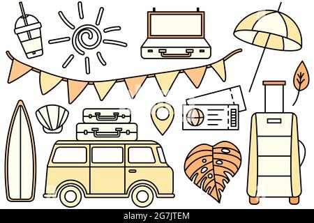 Reise in die Berge am Meer, Wanderung. Ökotourismus. Camping Erholung im Freien. Symbol für Vektorlinie. Bearbeitbare Kontur. Doodle-Stil. Sammlung von Stock Vektor