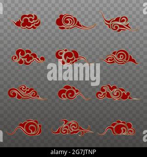 Satz isolierter chinesischer Wolken. Rote und goldene Wolken. Stock Vektor