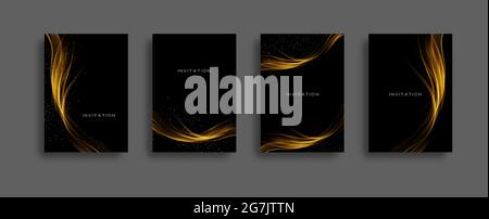 Abstrakt glänzende Farbe goldenes Wellen Design Element mit Glitzer-Effekt auf dunklem Hintergrund, Einladung Set Stock Vektor