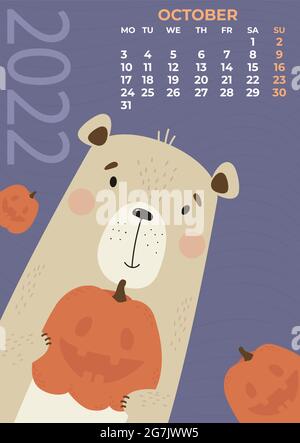 Oktober 2022. Bärenkalender. Niedlicher Bär mit Kürbis für Halloween auf violettem Hintergrund. Vektorgrafik in einem flachen Stil. Vertikale Vorlage. Woche Stock Vektor