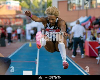 Gateshead, Großbritannien. Juli 2021. Malaika Mihambo aus Deutschland tritt im Weitsprung-Finale der Frauen während des britischen Grand Prix von Gateshead Müller 2021 im Gateshead International Stadium an. Kredit: SOPA Images Limited/Alamy Live Nachrichten Stockfoto