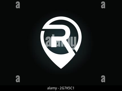 Anfangsbuchstabe des R-Monogramms mit Ortssymbol-PIN-Zeichen. Schrift-Emblem. Navigationskarte, GPS, Richtung, Ort, Kompass, Kontakt, Suchkonzept. Stock Vektor