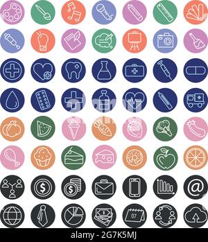 Sammlung von Ikonen zum Thema Kreativität, Medizin, Lebensmittel und Wirtschaft - Vektor-Illustration Stock Vektor
