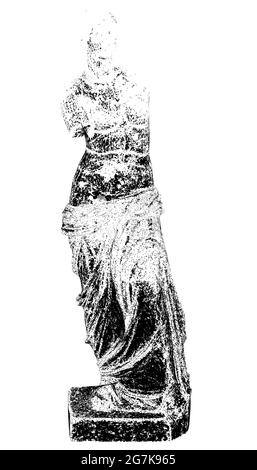 Silhouette einer abstrakten Statue eines Mädchens, das zu Fragmenten zerfällt, die auf weißem Hintergrund isoliert sind. Vektorgrafik. Stock Vektor