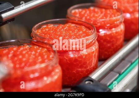 Gläser, die bis zum Rand mit rotem Kaviar gefüllt sind. Nahaufnahmen Stockfoto