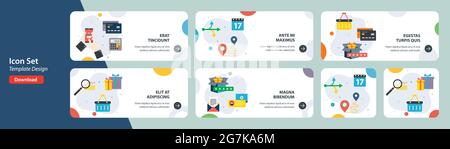 Web-Banner-Vorlage in Vektor mit Symbolen für E-Commerce, Warenkorb, Lieferung und Kaufevalualition. Flache Design-Symbole in Vektorgrafik Stock Vektor
