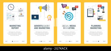Marketing, Berichte, Werbung, Social Media und Planungs-Icons. Konzepte von Marketingbericht, Werbung und Marketing, Social Media Marketing, Stock Vektor