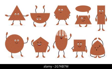 Süßer brauner Frühstückssnack, Keks im Cartoon-Stil mit lächelndem Ausdruck. Set Icons leckere Kekse mit Augen und Händen. Gebäck-Cracker für Poster, Flyer, Broschüre. Isolierte Vektordarstellung Stock Vektor