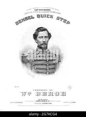 Bendels Quick Step, 1861 lithographierte Bürgerkriegs-Notenblätter mit einem Porträt von William, Bensel in Uniform, 7. Regiment, New York National Guard. Stockfoto