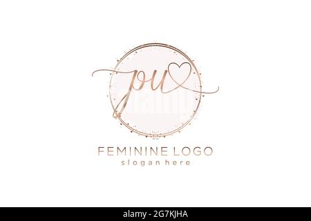 PU-Handschrift-Logo mit Kreis Vorlage Vektor-Logo der ersten Hochzeit, Mode, Blumen und botanischen mit kreativen Vorlage. Stock Vektor