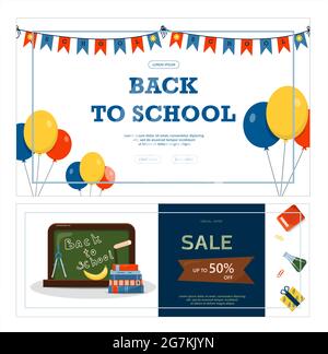 Zurück zur Schule. Werbebanner, Verkauf, Online-Shop, Web. Schreibwaren für Schule, Universität und Büro. Cartoon-Schulbedarf. Flache Illustrationen Stock Vektor