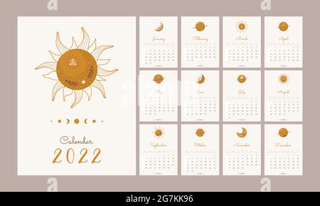 Kalender 2022 mit Boho Himmelselementen. Abstrakte ästhetische Vektordarstellung. Vorlage im skandinavischen Stil Stock Vektor