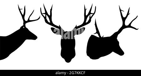 Set mit Silhouetten eines Hirschkopfes in verschiedenen Positionen isoliert auf weißem Hintergrund. Vektorgrafik. Stock Vektor