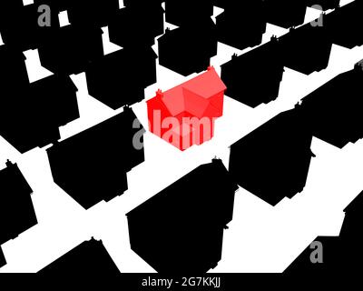 Hintergrund mit Silhouetten von schwarzen Privathäusern mit einem roten in der Mitte isoliert auf einem weißen Hintergrund. Vektorgrafik. Stock Vektor