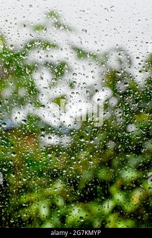 Abstrakter Hintergrund von Raindrops auf dem Fensterglas eines Autos während der Monsunsaison mit verschwommener Pflanze und hellem Bokeh Hintergrund. Stockfoto