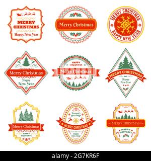 Weihnachtsetiketten. Vintage Weihnachten Winter Urlaub Abzeichen mit Rentier, Tannenbaum und Schneeflocken Vektor-Symbole gesetzt. Frohes neues Jahr und Weihnachtsmarken Stock Vektor