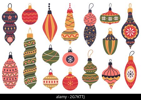 Weihnachtsbaum Spielzeug. Weihnachten Feiertage Dekorationen, vintage Sterne und Kugeln, Weihnachten Winter Spielzeug Vektor Illustration Set. Niedliche Weihnachtsbaum Dekorationen Stock Vektor