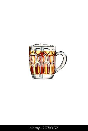Handbemalte Aquarelldarstellung eines traditionellen Biertankers oder Apfelweins, isoliert auf weißem Hintergrund Stockfoto