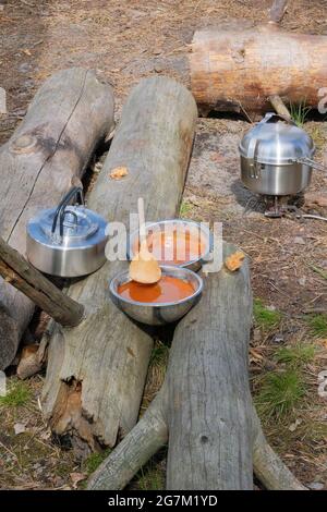 Camping Lebensmittelherstellung. Suppe in Schüsseln auf Holzstämmen im Wald. Camper Zubereitung von Lebensmitteln im Wald. Stockfoto