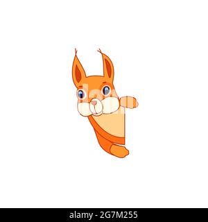 Neugieriges rotes Eichhörnchen, das hinter den Baumstamm guckt. Zeichentrickfigur eines Säugetiernagers. Ein wildes Waldgeschöpf mit orangefarbenem Fell. Seitenansicht. Vektor Stock Vektor