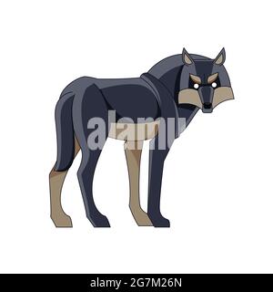 Schwarzer Wolf oder Holzwolf Canis lupus steht und schaut zurück. Wildtierszene. Cartoon-Charakter eines gefährlichen Säugetier Tier. Flacher Vektorstil Stock Vektor