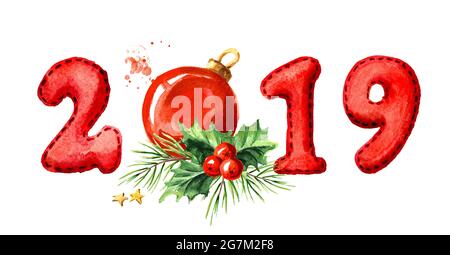 2019 Frohes neues Jahr Banner. Tannenzweig und rote Kugel. Aquarell handgezeichnete Illustration, isoliert auf weißem Hintergrund Stockfoto