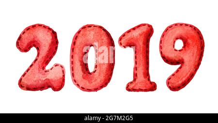 2019 Frohes neues Jahr Banner. Weihnachtszahlen. Aquarell handgezeichnete Illustration, isoliert auf weißem Hintergrund Stockfoto