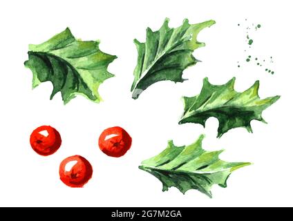 Weihnachts- und Neujahrssymbol dekoratives Set mit Holy-Beere-Elementen. Aquarell handgezeichnete Illustration, isoliert auf weißem Hintergrund Stockfoto