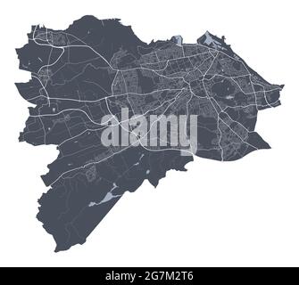 Edinburgh-Karte. Detaillierte Vektorkarte des Verwaltungsgebiets der Stadt Edinburgh. Blick auf das Stadtbild mit Postern und die Arie der Metropole. Dunkles Land mit weißen Straßen, Straßen Stock Vektor