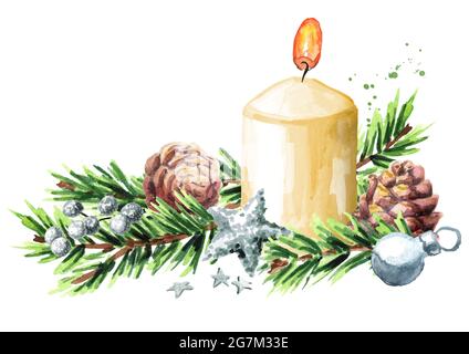 Weihnachts- oder Adventshintergrund mit brennender Kerze, verziert mit Tannenzweigen und Ornamenten. Aquarell handgezeichnete Illustration Stockfoto