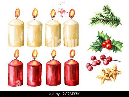 Advent- oder weihnachtskerzen mit Dekorelementen Set, vierter Advent. Aquarell handgezeichnete Illustration isoliert auf weißem Hintergrund Stockfoto