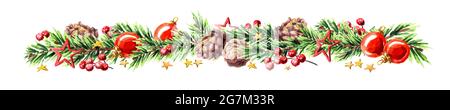 Breiter weihnachtlicher Rand mit Tannenzweigen, roten und silbernen Kugeln, Tannenzapfen und Sternen. Aquarell handgezeichnete Illustration, isoliert auf weißem Hintergrund Stockfoto