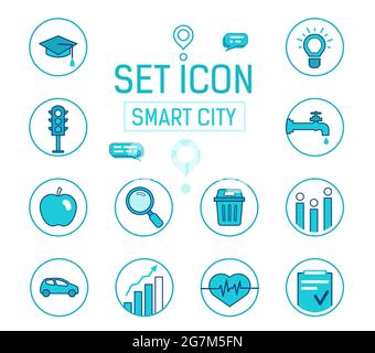 Symbole Smart City einstellen. Vektor-blaue Symbole. Stil gefüllter Linien Stock Vektor