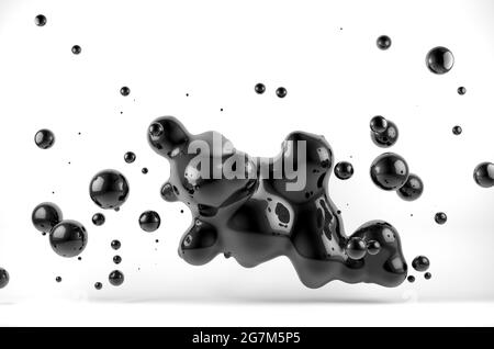 Abstrakte schwarze flüssige Tropfen Hintergrund.3d-Illustration.Tinte oder flüssige Formen.Wissenschaft Physik und Chemie. Stockfoto