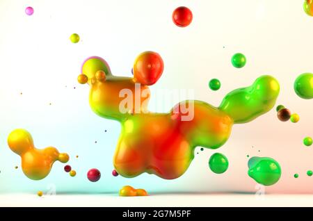 Abstrakte 3d-Illustration Bunte Farbverlauf Tropfen Flüssigkeit über weißen Hintergrund. Kunst und kreatives Designkonzept. Stockfoto