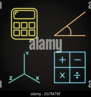 Neon Mathematik Symbole in Linie Stil gesetzt. Grundlegende mathematische Operationen, Rechner, Achsen und Winkel. Vektorgrafik. Stock Vektor