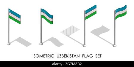 Isometrische Flagge usbekistans in statischer Position und in Bewegung auf Fahnenmast. 3d-Vektor Stock Vektor