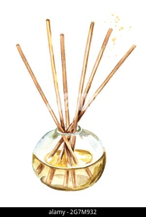 Aroma Flüssigkeit in einer Glasflasche mit Sticks. Frischungsmittel. Aquarell handgezeichnete Illustration, isoliert auf weißem Hintergrund Stockfoto