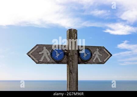 Holzschild am Anglesey Coastal Path Stockfoto