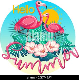 Hello Summer Logo Banner mit Flamingo und tropischen Blättern isoliert Illustration Stock Vektor