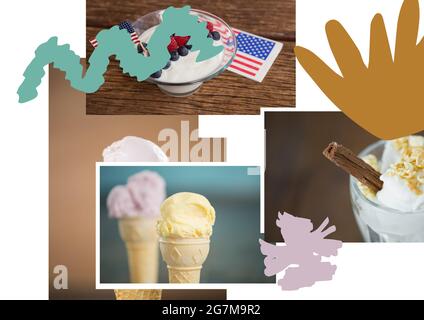 Abstrakte Formen über Collage von Fotos von Eis und Dessert vor weißem Hintergrund Stockfoto