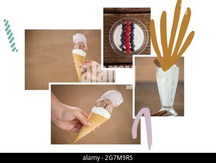 Abstrakte Formen über Collage von Fotos von Eis und Dessert vor weißem Hintergrund Stockfoto