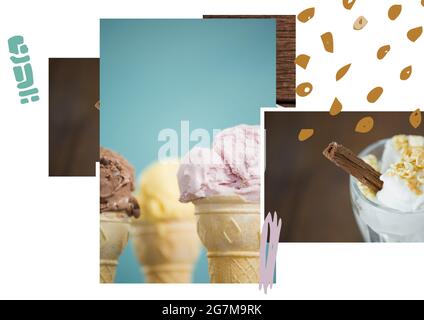 Abstrakte Formen über Collage von Fotos von Eis und Dessert vor weißem Hintergrund Stockfoto