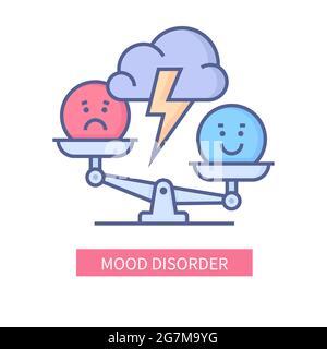 Stimmungsstörung - Vektor-Liniendesign einzelnes isoliertes Symbol. Hochwertige bunte Bild von Schuppen, glückliches Gesicht auf einer Seite und traurig auf der anderen, Blitz. Stock Vektor